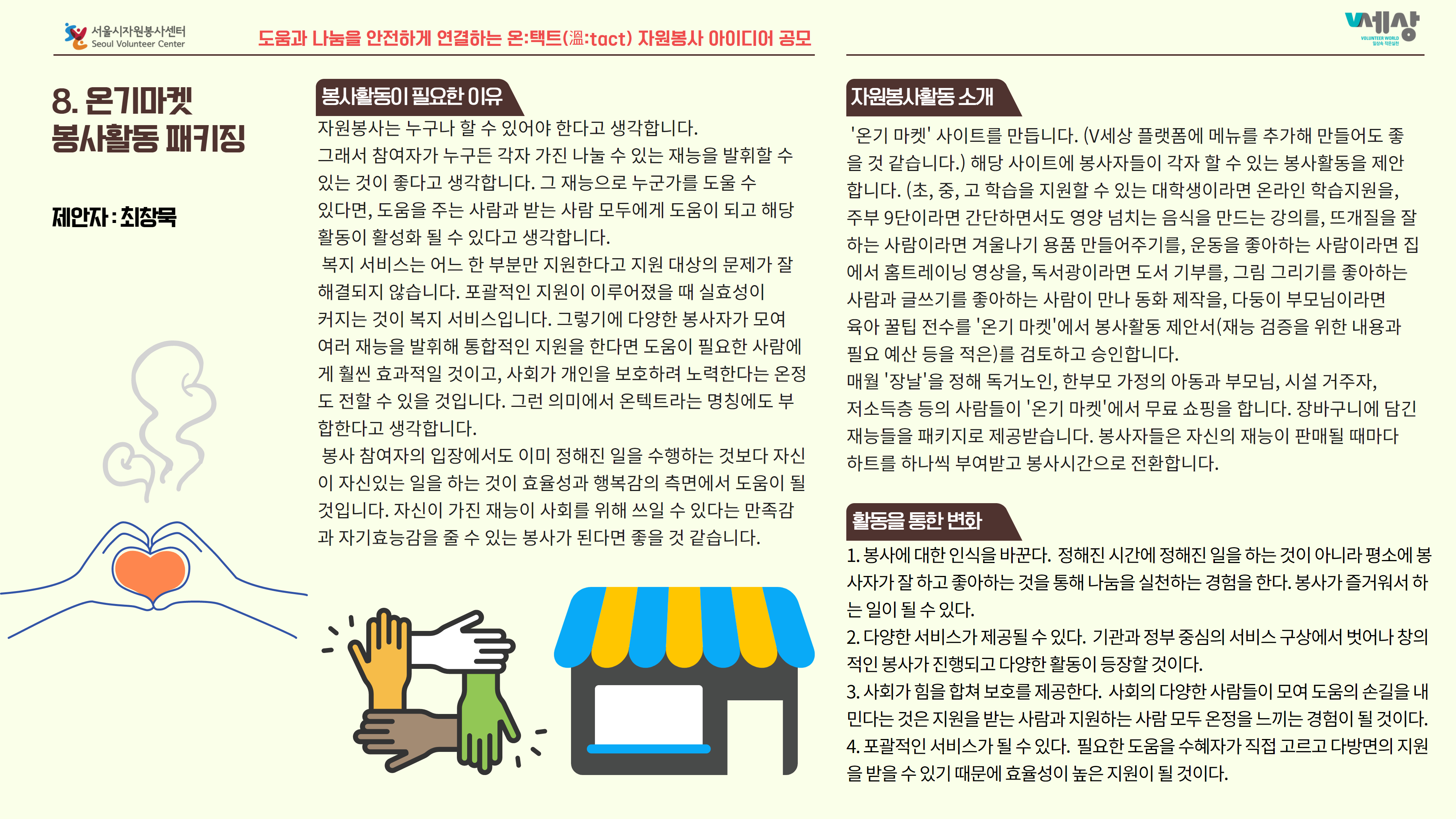8. 온기마켓 봉사활동 패키징 제안자 : 최창묵 봉사활동이 필요한 이유 자원봉사는 누구나 할 수 있어야 한다고 생각합니다. 그래서 참여자가 누구든 각자 가진 나눌 수 있는 재능을 발휘할 수 있는 것이 좋다고 생각합니다. 그 재능으로 누군가를 도울 수 있다면, 도움을 주는 사람과 받는 사람 모두에게 도움이 되고 해당 활동이 활성화 될 수 있다고 생각합니다. 복지 서비스는 어느 한 부분만 지원한다고 지원 대상의 문제가 잘 해결되지 않습니다. 포괄적인 지원이 이루어졌을 때 실효성이 커지는 것이 복지 서비스입니다. 그렇기에 다양한 봉사자가 모여 여러 재능을 발휘해 통합적인 지원을 한다면 도움이 필요한 사람에 게 훨씬 효과적일 것이고, 사회가 개인을 보호하려 노력한다는 온정 도 전할 수 있을 것입니다. 그런 의미에서 온텍트라는 명칭에도 부 합한다고 생각합니다. 봉사 참여자의 입장에서도 이미 정해진 일을 수행하는 것보다 자신 이 자신있는 일을 하는 것이 효율성과 행복감의 측면에서 도움이 될 것입니다. 자신이 가진 재능이 사회를 위해 쓰일 수 있다는 만족감 과 자기효능감을 줄 수 있는 봉사가 된다면 좋을 것 같습니다. '온기 마켓' 사이트를 만듭니다. (V세상 플랫폼에 메뉴를 추가해 만들어도 좋 을 것 같습니다.) 해당 사이트에 봉사자들이 각자 할 수 있는 봉사활동을 제안 합니다. (초, 중, 고 학습을 지원할 수 있는 대학생이라면 온라인 학습지원을, 주부 9단이라면 간단하면서도 영양 넘치는 음식을 만드는 강의를, 뜨개질을 잘 하는 사람이라면 겨울나기 용품 만들어주기를, 운동을 좋아하는 사람이라면 집 에서 홈트레이닝 영상을, 독서광이라면 도서 기부를, 그림 그리기를 좋아하는 사람과 글쓰기를 좋아하는 사람이 만나 동화 제작을, 다둥이 부모님이라면, 육아 꿀팁 전수를 '온기 마켓'에서 봉사활동 제안서(재능 검증을 위한 내용과 필요 예산 등을 적은)를 검토하고 승인합니다. 매월 '장날'을 정해 독거노인, 한부모 가정의 아동과 부모님, 시설 거주자, 저소득층 등의 사람들이 '온기 마켓'에서 무료 쇼핑을 합니다. 장바구니에 담긴 재능들을 패키지로 제공받습니다. 봉사자들은 자신의 재능이 판매될 때마다 하트를 하나씩 부여받고 봉사시간으로 전환합니다. 활동을 통한 변화 1. 봉사에 대한 인식을 바꾼다. 정해진 시간에 정해진 일을 하는 것이 아니라 평소에 봉 사자가 잘 하고 좋아하는 것을 통해 나눔을 실천하는 경험을 한다. 봉사가 즐거워서 하 는 일이 될 수 있다. 2. 다양한 서비스가 제공될 수 있다. 기관과 정부 중심의 서비스 구상에서 벗어나 창의 적인 봉사가 진행되고 다양한 활동이 등장할 것이다. 3. 사회가 힘을 합쳐 보호를 제공한다. 사회의 다양한 사람들이 모여 도움의 손길을 내 민다는 것은 지원을 받는 사람과 지원하는 사람 모두 온정을 느끼는 경험이 될 것이다. 4. 포괄적인 서비스가 될 수 있다. 필요한 도움을 수혜자가 직접 고르고 다방면의 지원 을 받을 수 있기 때문에 효율성이 높은 지원이 될 것이다.