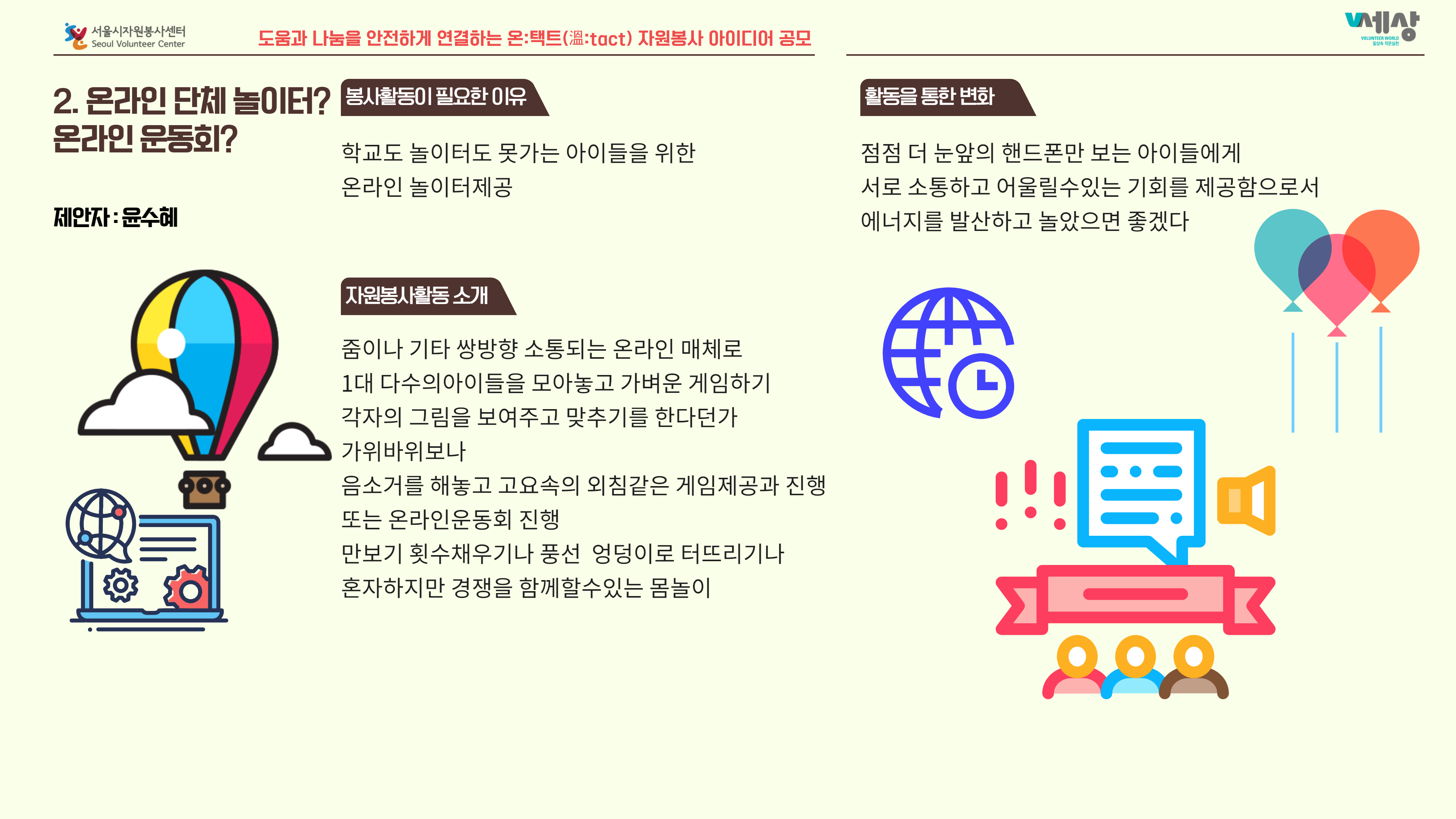 2. 온라인 단체 놀이터? 봉사활동이 필요한 이유) 온라인 운동회? 학교도 놀이터도 못가는 아이들을 위한 온라인 놀이터제공 제안자 : 윤수혜 점점 더 눈앞의 핸드폰만 보는 아이들에게 서로 소통하고 어울릴수있는 기회를 제공함으로서 에너지를 발산하고 놀았으면 좋겠다. 자원봉사활동 소개 줌이나 기타 쌍방향 소통되는 온라인 매체로 1대 다수의아이들을 모아놓고 가벼운 게임하기 각자의 그림을 보여주고 맞추기를 한다던가 가위바위보나 음소거를 해놓고 고요속의 외침같은 게임제공과 진행 또는 온라인운동회 진행 만보기 횟수채우기나 풍선 엉덩이로 터뜨리기나 혼자하지만 경쟁을 함께할수있는 몸놀이