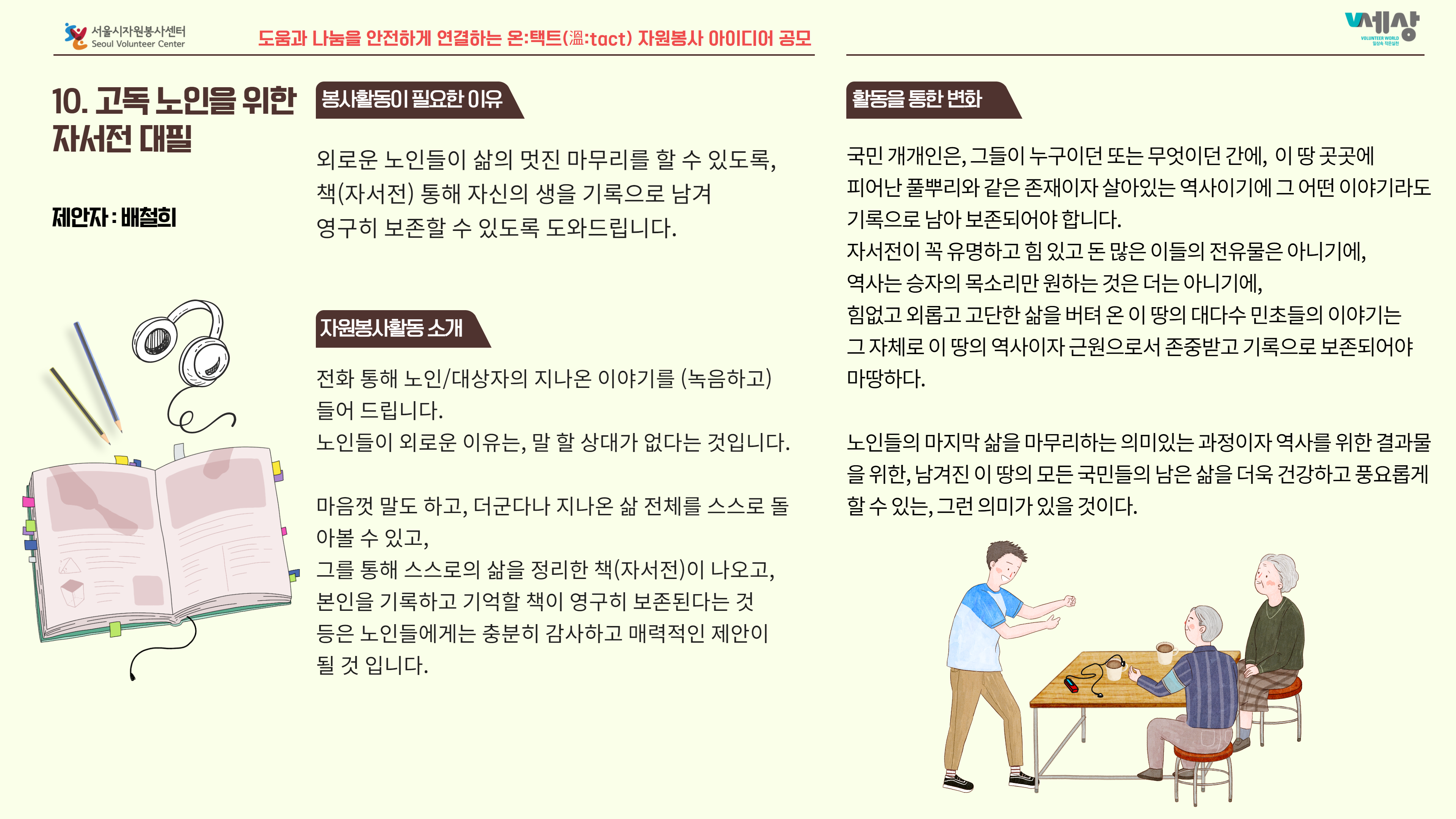 10. 고독 노인을 위한 자서전 대필 외로운 노인들이 삶의 멋진 마무리를 할 수 있도록, 책(자서전) 통해 자신의 생을 기록으로 남겨 영구히 보존할 수 있도록 도와드립니다. 제안자 : 배철회 국민 개개인은, 그들이 누구이던 또는 무엇이던 간에, 이 땅 곳곳에 피어난 풀뿌리와 같은 존재이자 살아있는 역사이기에 그 어떤 이야기라도 기록으로 남아 보존되어야 합니다. 자서전이 꼭 유명하고 힘 있고 돈 많은 이들의 전유물은 아니기에, 역사는 승자의 목소리만 원하는 것은 더는 아니기에, 힘없고 외롭고 고단한 삶을 버텨 온 이 땅의 대다수 민초들의 이야기는 그 자체로 이 땅의 역사이자 근원으로서 존중받고 기록으로 보존되어야 마땅하다. 자원봉사활동 소개 전화 통해 노인 대상자의 지나온 이야기를 (녹음하고) 들어 드립니다. 노인들이 외로운 이유는, 말 할 상대가 없다는 것입니다. 노인들의 마지막 삶을 마무리하는 의미있는 과정이자 역사를 위한 결과물 을 위한, 남겨진 이 땅의 모든 국민들의 남은 삶을 더욱 건강하고 풍요롭게 할 수 있는, 그런 의미가 있을 것이다. 마음껏 말도 하고, 더군다나 지나온 삶 전체를 스스로 돌 아볼 수 있고, 그를 통해 스스로의 삶을 정리한 책(자서전)이 나오고, 본인을 기록하고 기억할 책이 영구히 보존된다는 것 등은 노인들에게는 충분히 감사하고 매력적인 제안이 될 것 입니다.